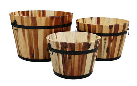 Wooden Barrel Planter Set - Dark Stain (3-Size)