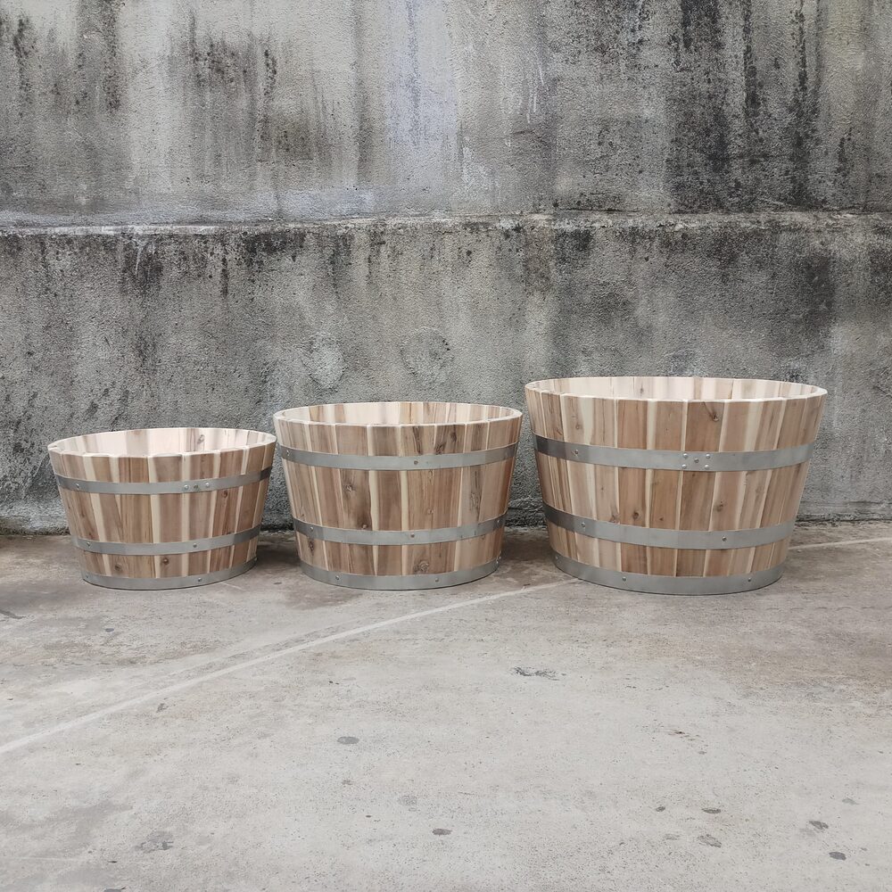 Wooden Barrel Planter Set - Natural Wood (3-Size)