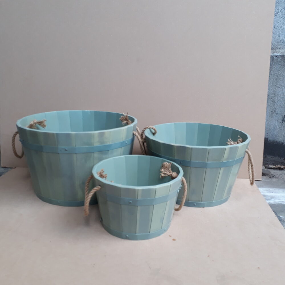 Wooden Barrel Planter Set - Teal with Rope Handle